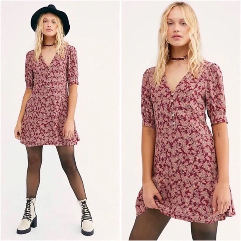 Free People Provence Mini Dress in a burgundy floral print (pre-owned) Size XS